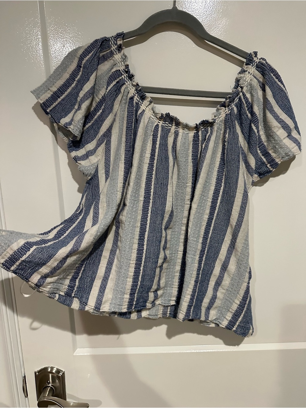 Faherty Organic Cotton Linen Blend Striped Peasant Top Blue Ivory Size Medium - Picture 5 of 6